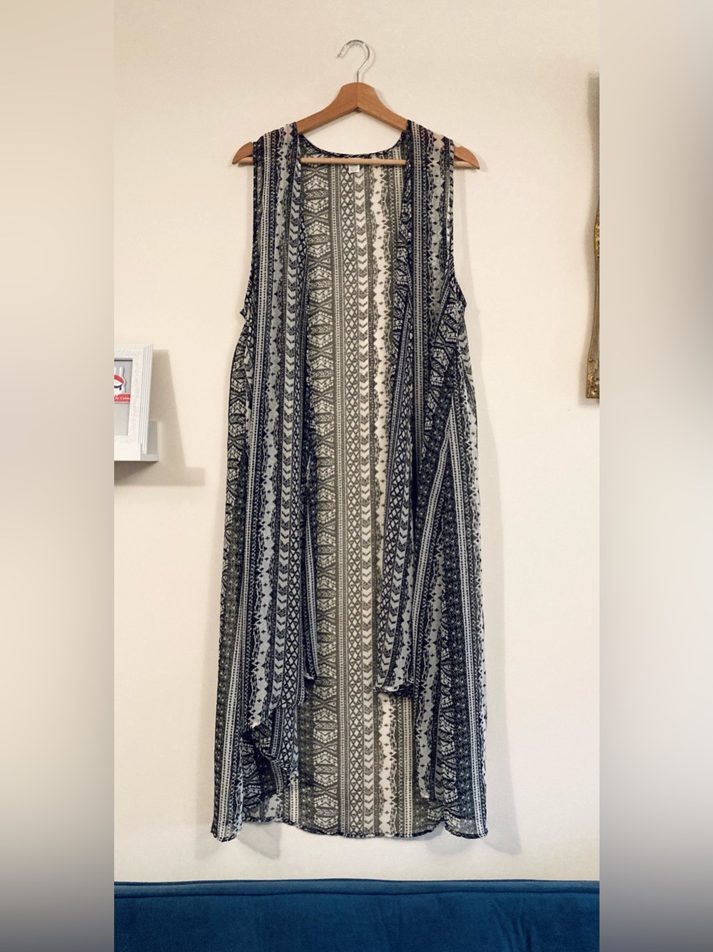Black & White Geometric Sheer Sleeveless Kimono Vest One Size Festival Bohemian
